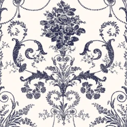 Laura Ashley Josette Midnight & Off White Damask Smooth Wallpaper