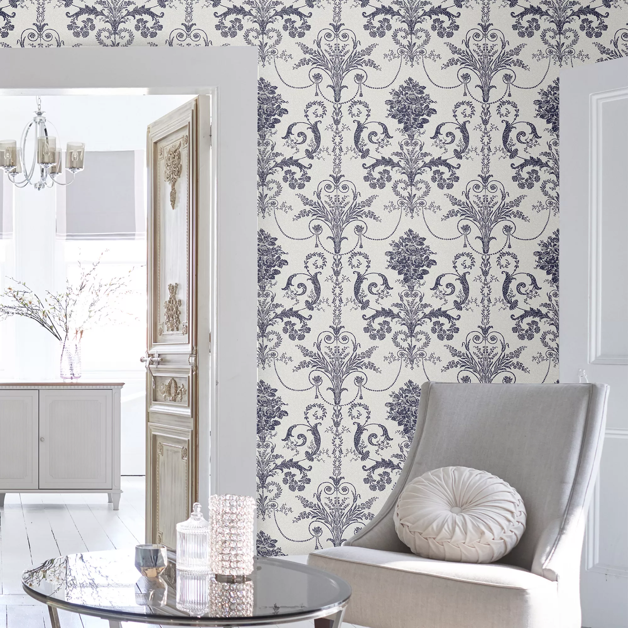 Laura Ashley Josette Midnight & Off White Damask Smooth Wallpaper 6 Laura Ashley Josette Midnight & Off White Damask Smooth Wallpaper - Image 4