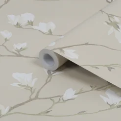 Laura Ashley Magnolia Grove Neutral Floral Smooth Wallpaper